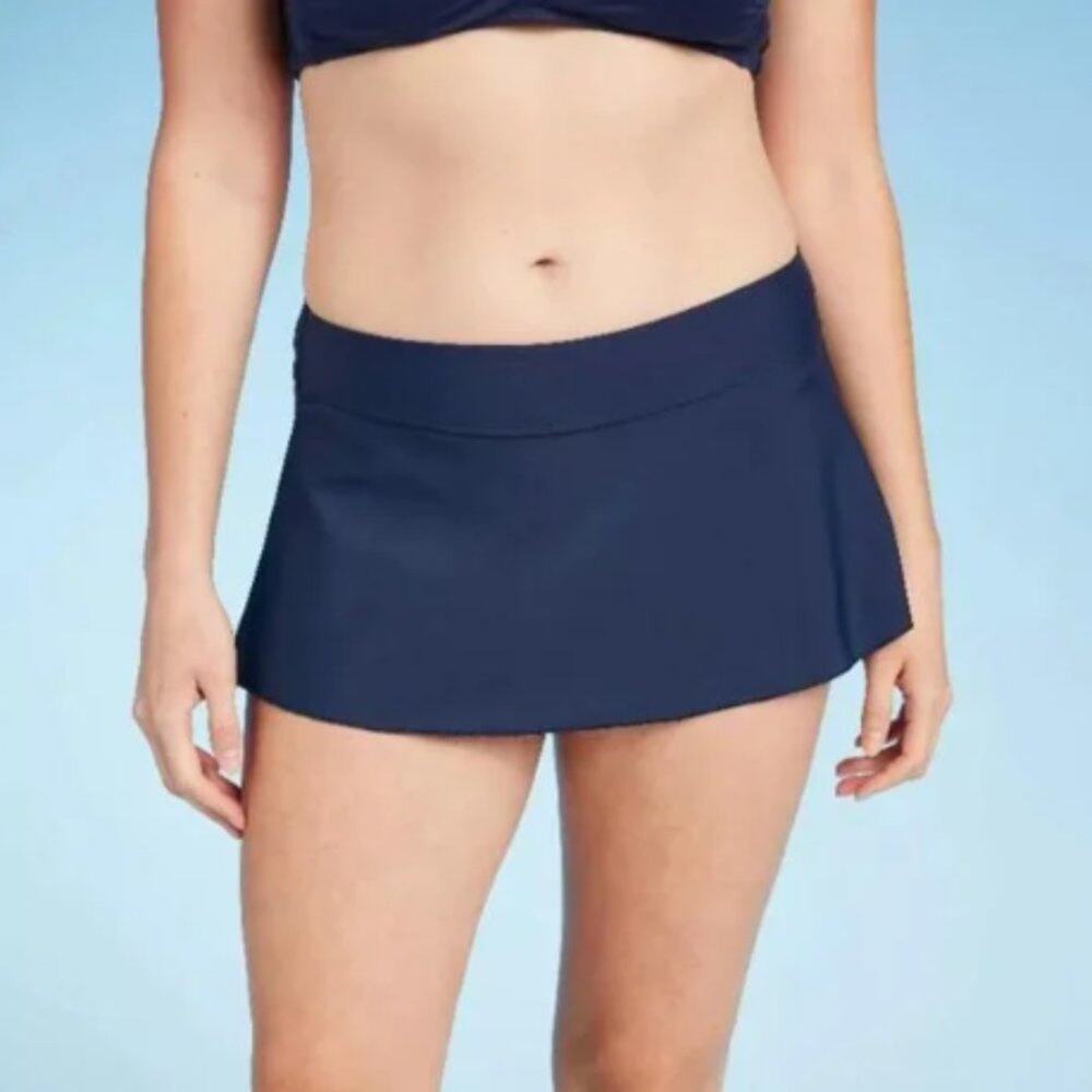 Kona Sol Women's Built-In Undies Low Rise Pull On Swim Skirtini Navy XL NWT